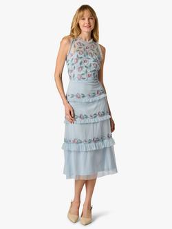 Adrianna Papell Beaded Mesh Ruffle Midi Dress, Elegant Sky/Multi, Elegant Sky/Multi