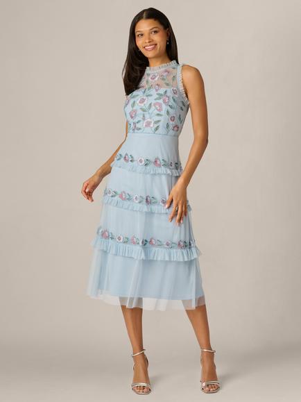 Adrianna Papell Beaded Mesh Ruffle Midi Dress, Elegant Sky/Multi, Elegant Sky/Multi