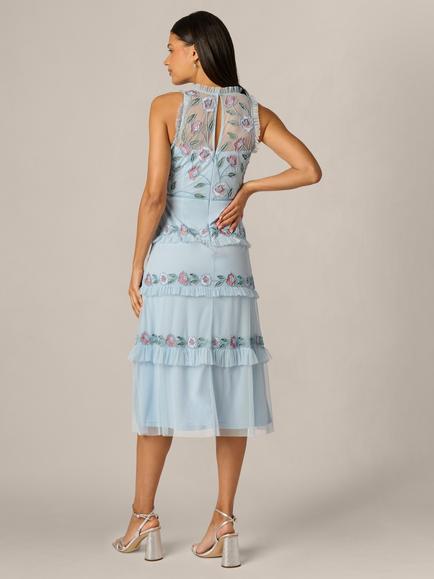 Adrianna Papell Beaded Mesh Ruffle Midi Dress, Elegant Sky/Multi - view 2, Elegant Sky/Multi