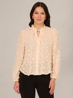 Adrianna Papell 3D Floral Tie Neck Sheer Top, Soft Vanilla, Soft Vanilla