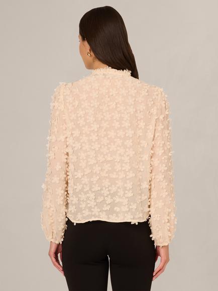 Adrianna Papell 3D Floral Tie Neck Sheer Top, Soft Vanilla - view 2, Soft Vanilla