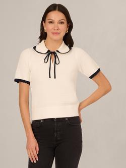 Adrianna Papell Peter Pan Collar Crochet Short Sleeve Jumper, Ivory/Blue Moon, Ivory/Blue Moon