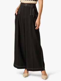 Adrianna Papell Topstitch Paperbag Belt Trousers, Black/Ivory, Black/Ivory