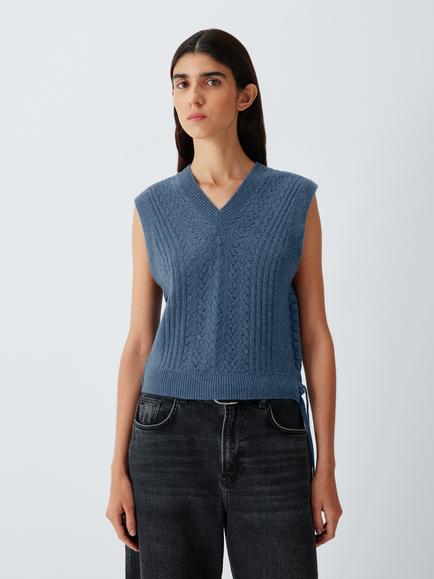AND/OR Cable Knit Merino Wool Blend V-Neck Vest, Denim Blue, Denim Blue