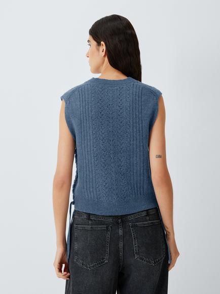 AND/OR Cable Knit Merino Wool Blend V-Neck Vest, Denim Blue - view 2, Denim Blue