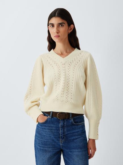 AND/OR Cable Knit Merino Wool Blend V-Neck Jumper, Cream, Cream