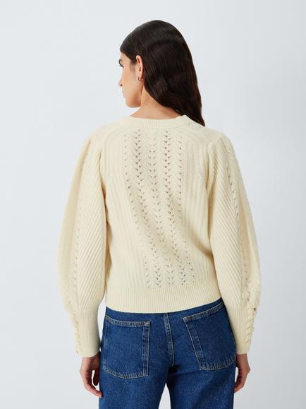AND/OR Cable Knit Merino Wool Blend V-Neck Jumper, Cream - view 2, Cream
