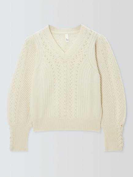 AND/OR Cable Knit Merino Wool Blend V-Neck Jumper, Cream, Cream