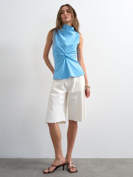 Topshop Cowl Neck Ruched Detail Top, Blue, Blue