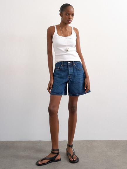 Topshop Wide Leg Denim Shorts - view 2, Dark Blue