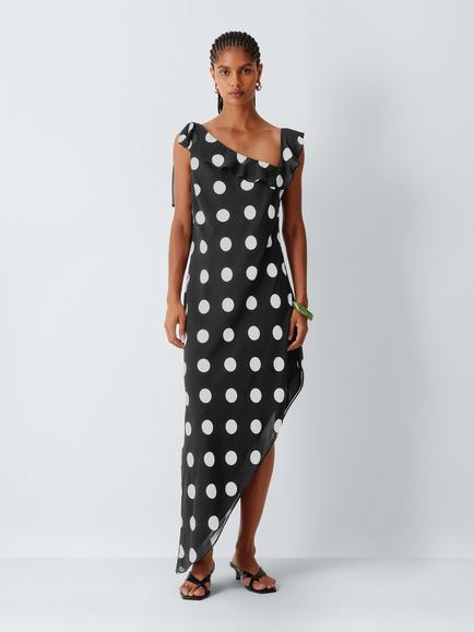 Topshop Polka Dot Asymmetric Hem Dress, Black/White, Black/White