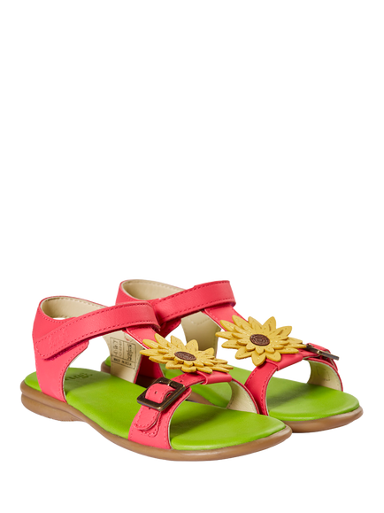 Frugi Kids' Sandy Leather Applique Open Toe Sandals, Rhubarb/Sunflower - view 2, Rhubarb/Sunflower