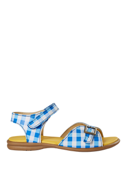 Frugi Kids' Shore Leather Open Toe Sandals, Cobalt Gingham, Cobalt Gingham