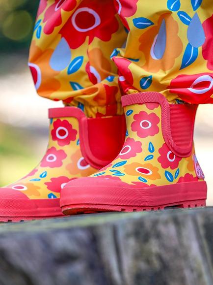 Frugi Kids' Rain & Shine Short Wellington Boots, Floral Fields - view 2, Floral Fields