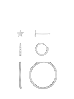 Orelia Star and Mixed Hoop Earrings Set, Pack of 3 Pairs, Silver, Silver