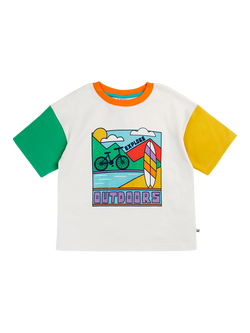 Frugi Kids' Towan Cotton Graphic Relaxed Fit T-Shirt, Soft White/Outdoors, Soft White/Outdoors