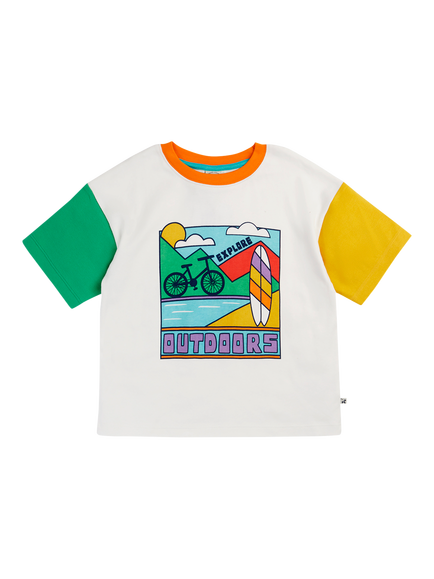 Frugi Kids' Towan Cotton Graphic Relaxed Fit T-Shirt, Soft White/Outdoors, Soft White/Outdoors