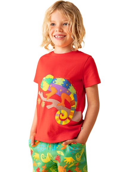 Frugi Kids' Carsen T-Shirt, Papaya/Chameleon - view 2, Papaya/Chameleon