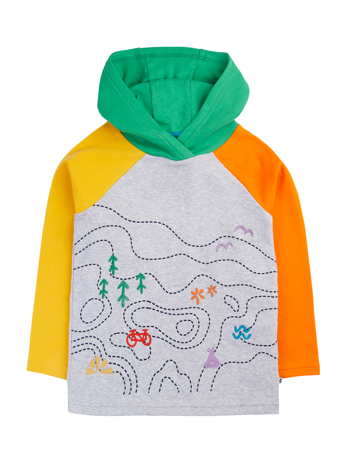 Product image 1 of 4, which shows Frugi Kids' Compass Hooded Top, Grey Marl/Explore, 10-11 years