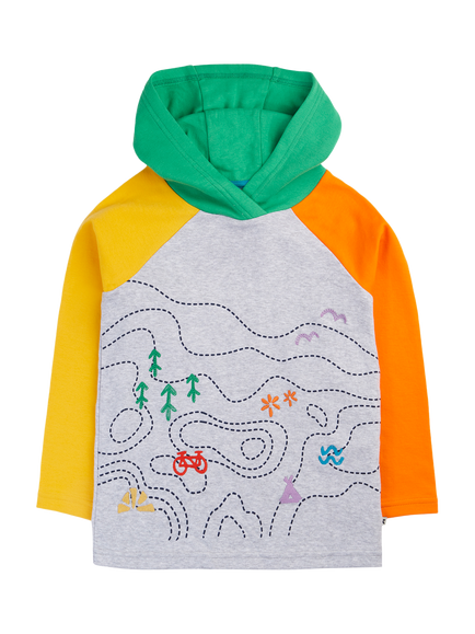 Frugi Kids' Compass Hooded Top, Grey Marl/Explore, Grey Marl/Explore