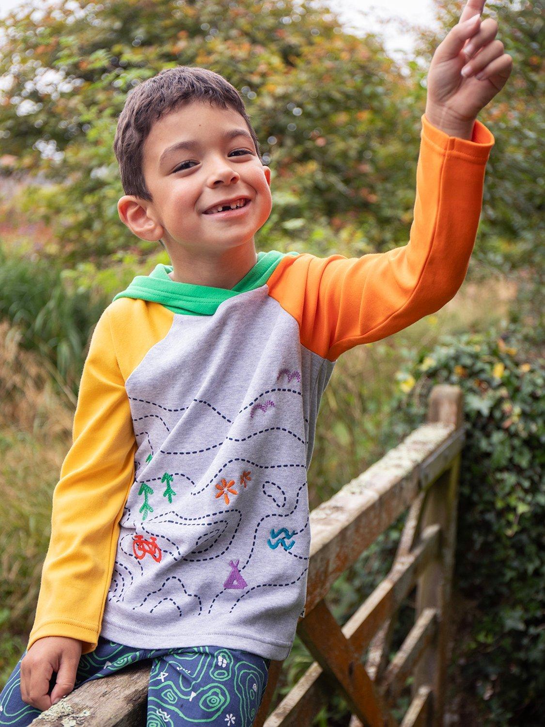 Product image 2 of 4, which shows Frugi Kids' Compass Hooded Top, Grey Marl/Explore, 10-11 years