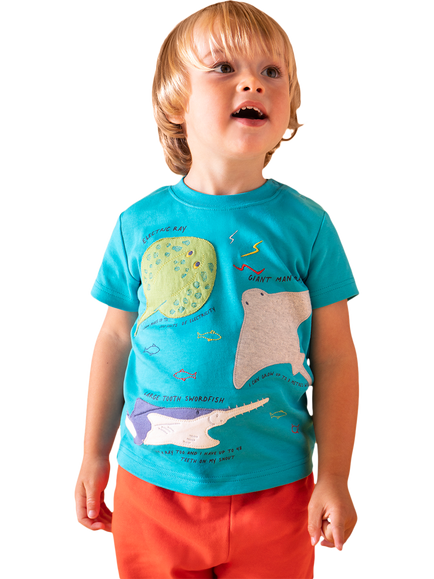 Frugi Kids' Avery T-Shirt, Tropical Sea/Rays - view 2, Tropical Sea/Rays