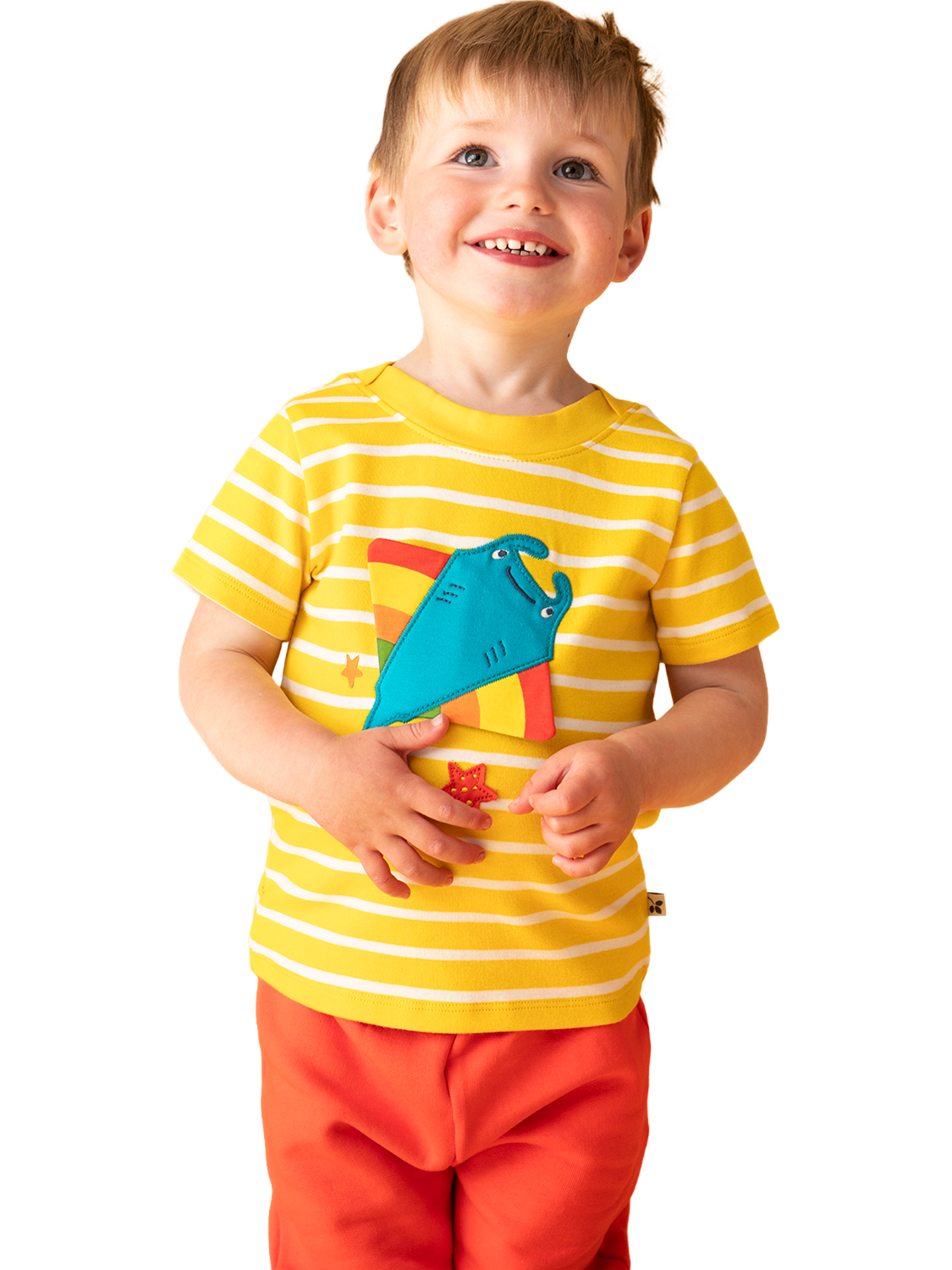 Product image 2 of 4, which shows Frugi Kids' Easy On Interactive T-Shirt, Lemon Breton/Ray, 3-6 months