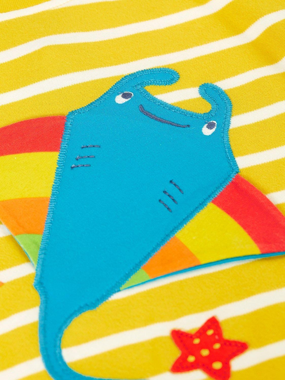 Product image 3 of 4, which shows Frugi Kids' Easy On Interactive T-Shirt, Lemon Breton/Ray, 3-6 months