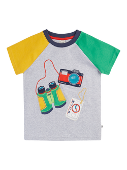 Frugi Kids' Renny Colour Block Applique Raglan T-Shirt, Grey Marl/Adventure, Grey Marl/Adventure