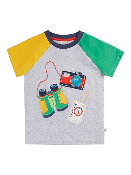 Frugi Kids' Renny Colour Block Applique Raglan T-Shirt, Grey Marl/Adventure, Grey Marl/Adventure