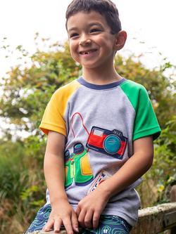 Frugi Kids' Renny Colour Block Applique Raglan T-Shirt, Grey Marl/Adventure - view 2, Grey Marl/Adventure