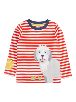 Frugi Kids' Summit Cotton Dog Print Long Sleeve Top, Dahlia Stripe/Dog, Dahlia Stripe/Dog