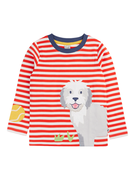 Frugi Kids' Summit Cotton Dog Print Long Sleeve Top, Dahlia Stripe/Dog, Dahlia Stripe/Dog