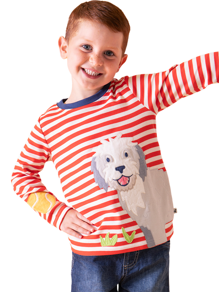 Frugi Kids' Summit Cotton Dog Print Long Sleeve Top, Dahlia Stripe/Dog - view 2, Dahlia Stripe/Dog