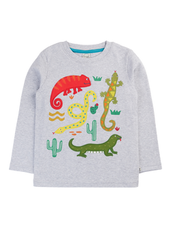 Frugi Kids' Terrific Cotton Applique Long Sleeve Top, Grey Marl/Amphibians, Grey Marl/Amphibians