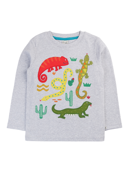 Frugi Kids' Terrific Cotton Applique Long Sleeve Top, Grey Marl/Amphibians, Grey Marl/Amphibians