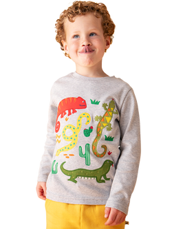 Frugi Kids' Terrific Cotton Applique Long Sleeve Top, Grey Marl/Amphibians - view 2, Grey Marl/Amphibians