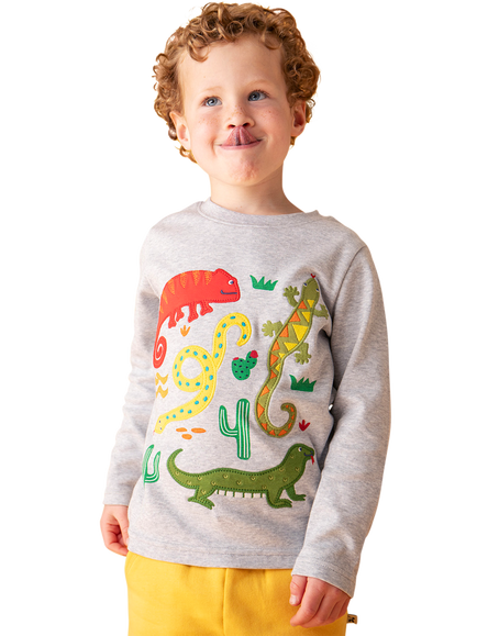Frugi Kids' Terrific Cotton Applique Long Sleeve Top, Grey Marl/Amphibians - view 2, Grey Marl/Amphibians