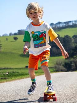 Frugi Kids' Cotton Birch Shorts, Spark Orange/Bike - view 2, Spark Orange/Bike