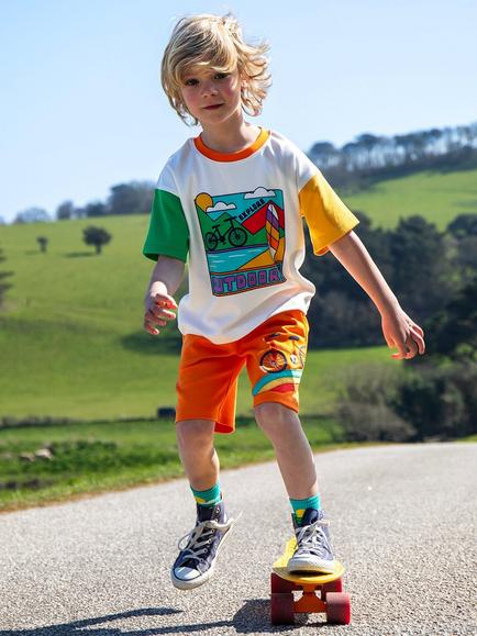 Frugi Kids' Cotton Birch Shorts, Spark Orange/Bike - view 2, Spark Orange/Bike