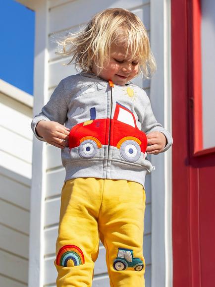 Frugi Kids' Character Crawlers Cotton Pull Up Trousers, Bumblebee/Tractor - view 2, Bumblebee/Tractor