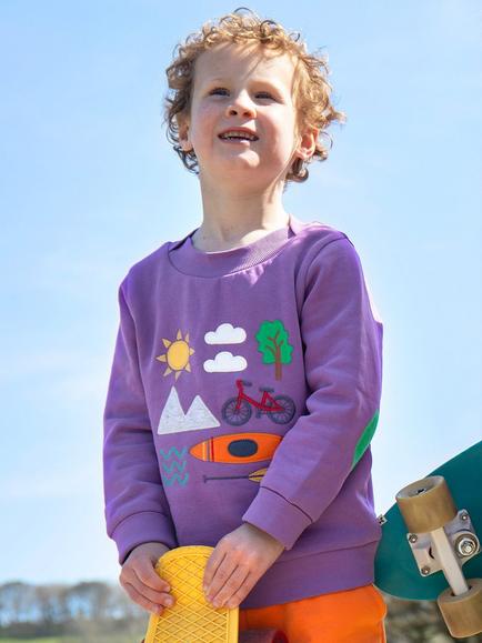 Frugi Kids' Easy On Cotton Applique Sweatshirt - view 2, Periwinkle/Explore