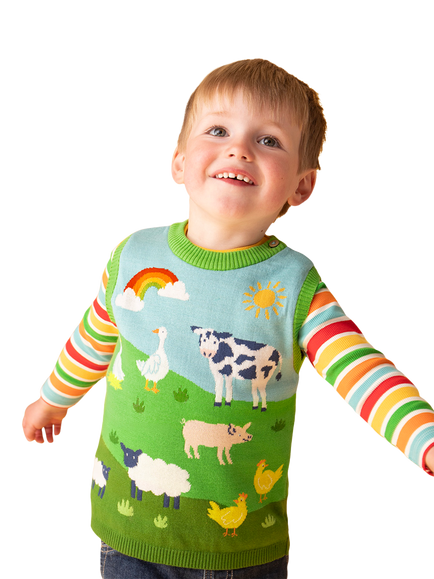 Frugi Kids' Rainbow Rib Long Sleeve Top, Happy Rib Strip - view 2, Happy Rib Stripe