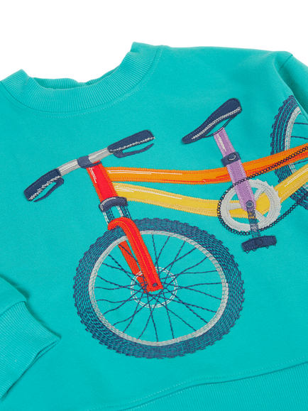 Frugi Kids' Superb Cotton Fleece Stitch Sweatshirt, Pacific Aqua/Bike - view 2, Pacific Aqua/Bike
