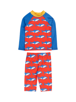 Frugi Kids' Sun Safe Rash Vest,& Shorts Set, Happy Hammerheads, Happy Hammerheads