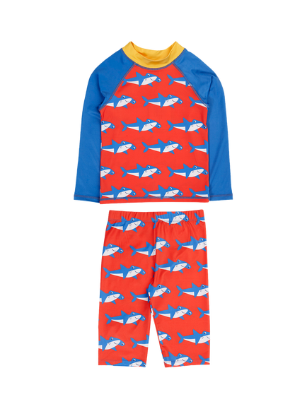 Frugi Kids' Sun Safe Rash Vest,& Shorts Set, Happy Hammerheads, Happy Hammerheads