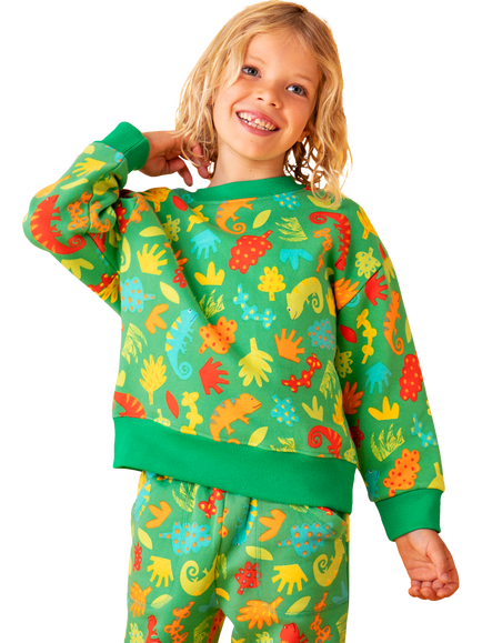 Frugi Kids' Superb Cotton Fleece Sweatshirt, Chameleon Camp - view 2, Chameleon Camp