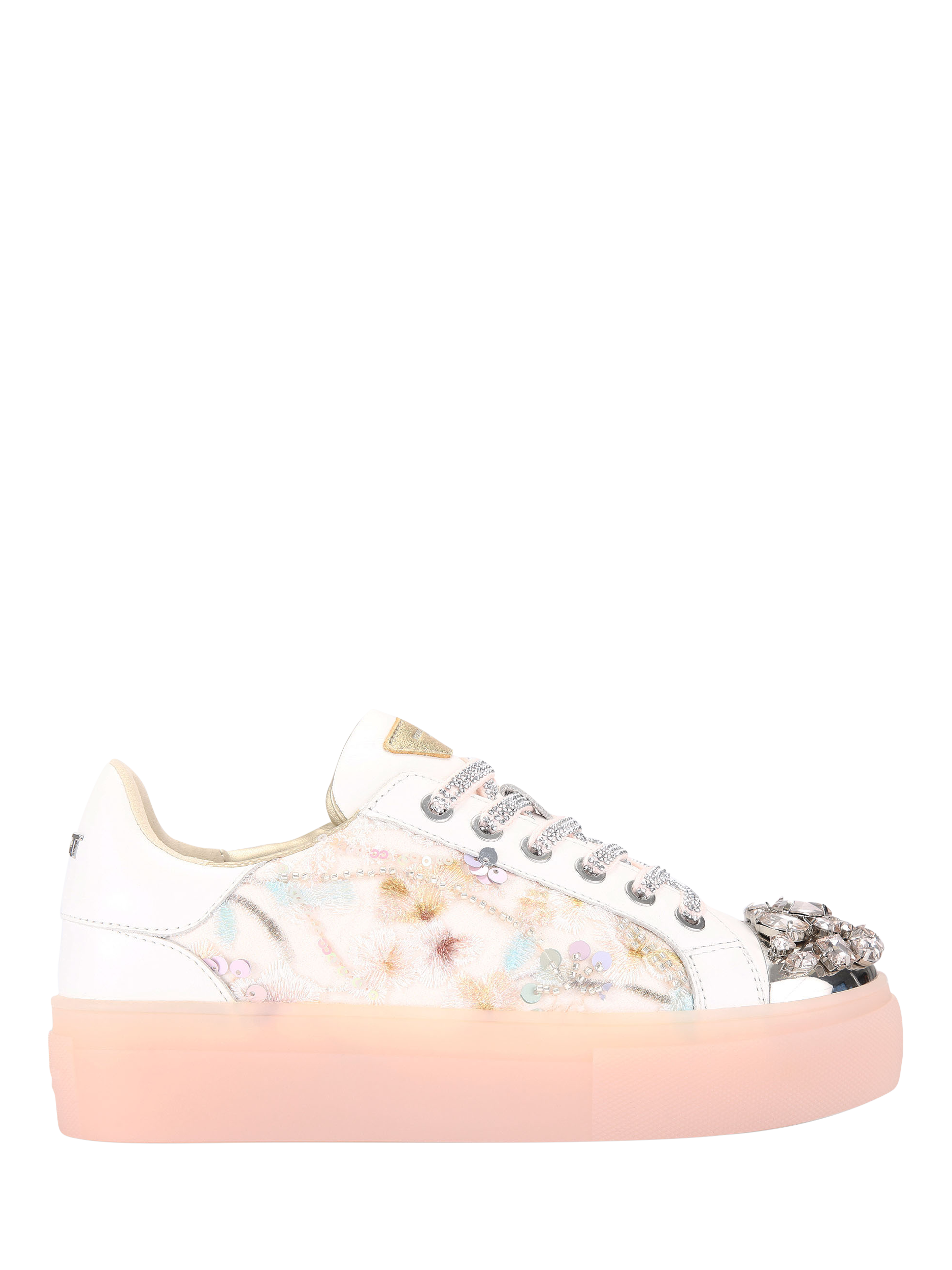 Product image 1 of 5, which shows Kurt Geiger London Crystal Toe Cap Cupsole Trainers, White/Multi, 3