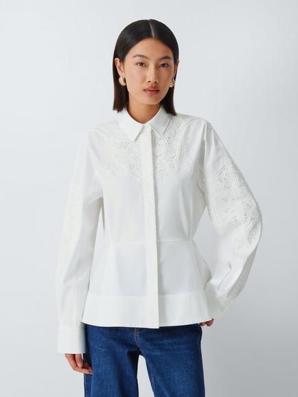 John Lewis Peplum Lace Cotton Shirt, White, White