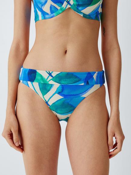 John Lewis Tahiti Leaf Slim Foldover Bikini Bottoms, Ivory/Blue Print, Ivory/Blue Print
